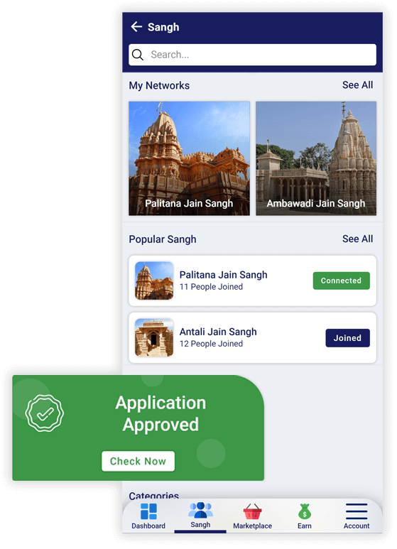 Mobile app interface displaying 'Sangh' page with user’s Jain networks, including 'Palitana Jain Sangh' and 'Ambawadi Jain Sangh,' along with a notification for an approved application.