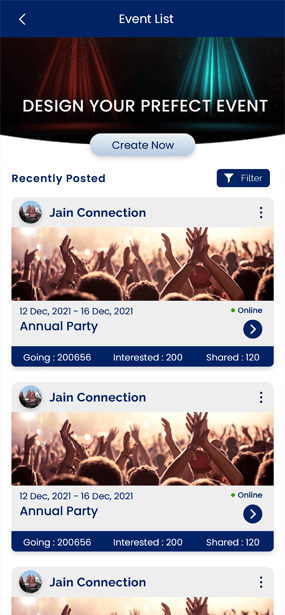 Mobile app interface showing the 'Event List' page with recently posted events like 'Annual Party,' displaying participation, interest, and share statistics.